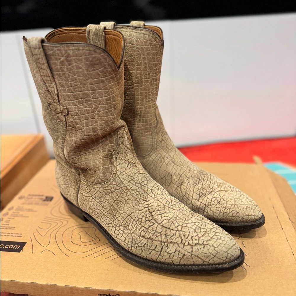 Lucchese Exotic Men’s Full Sueded Hippo Cream Textured Leather Western Boots 12D